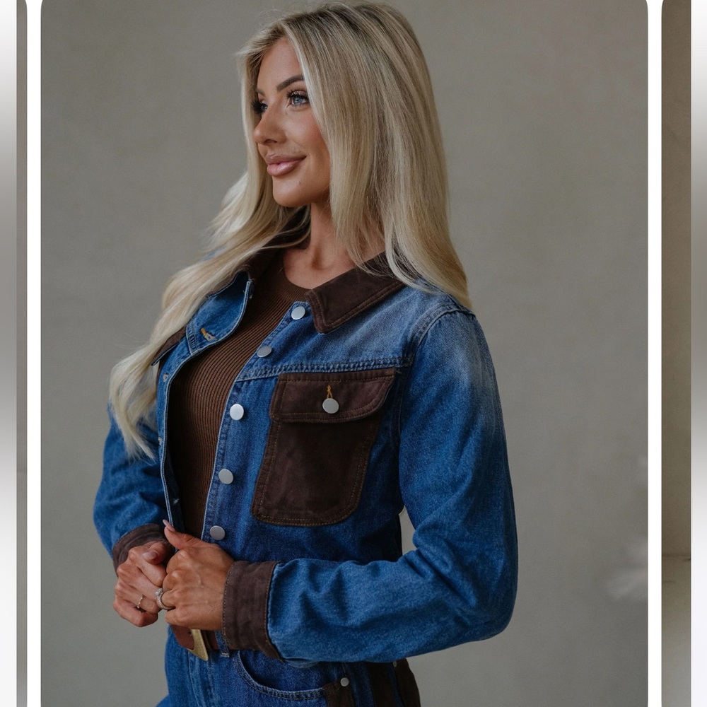 Le Lis Denim Jacket with Suede Accents - Blue and Brown These Three Boutique Set